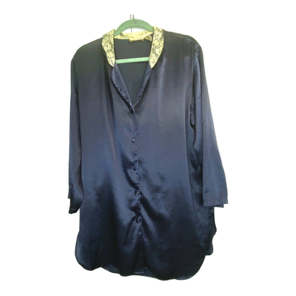Vintage 80's Victoria's Secret Satin Night Shirt Gold Label Blue Lace Collar M/L